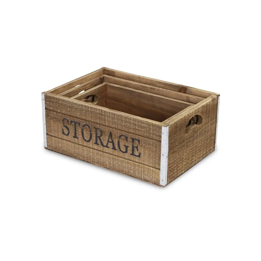 Set of Three Natural Solid Wood And Metal Crate HomeRoots