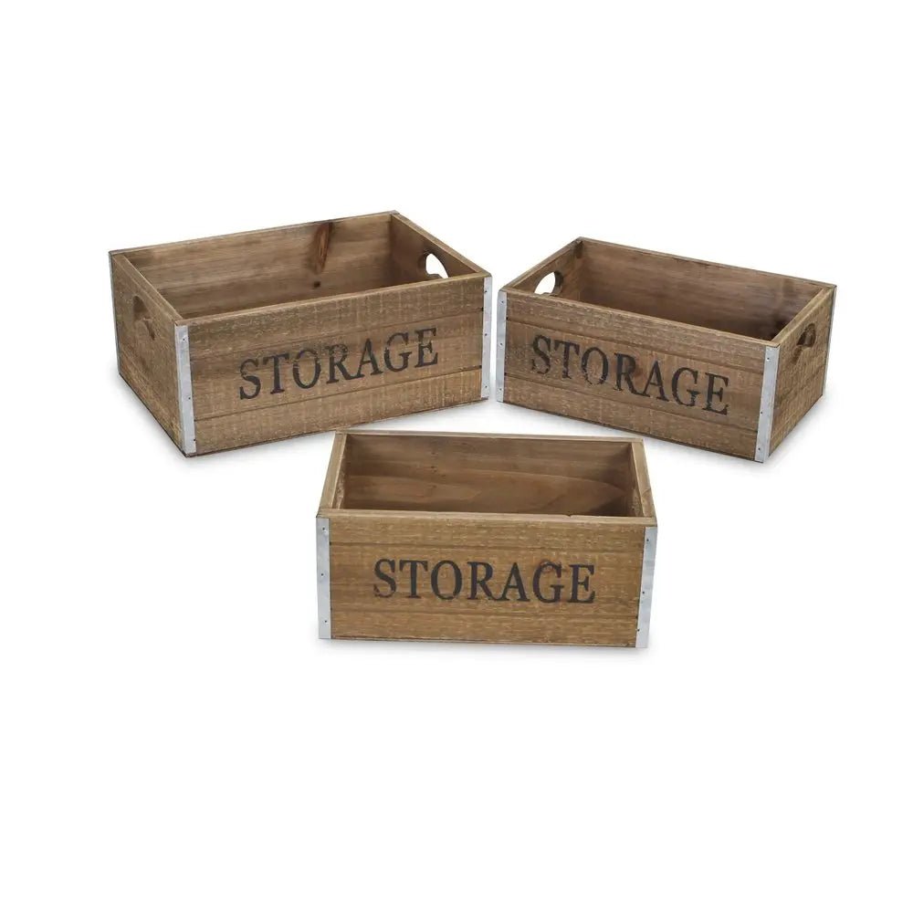 Set of Three Natural Solid Wood And Metal Crate HomeRoots