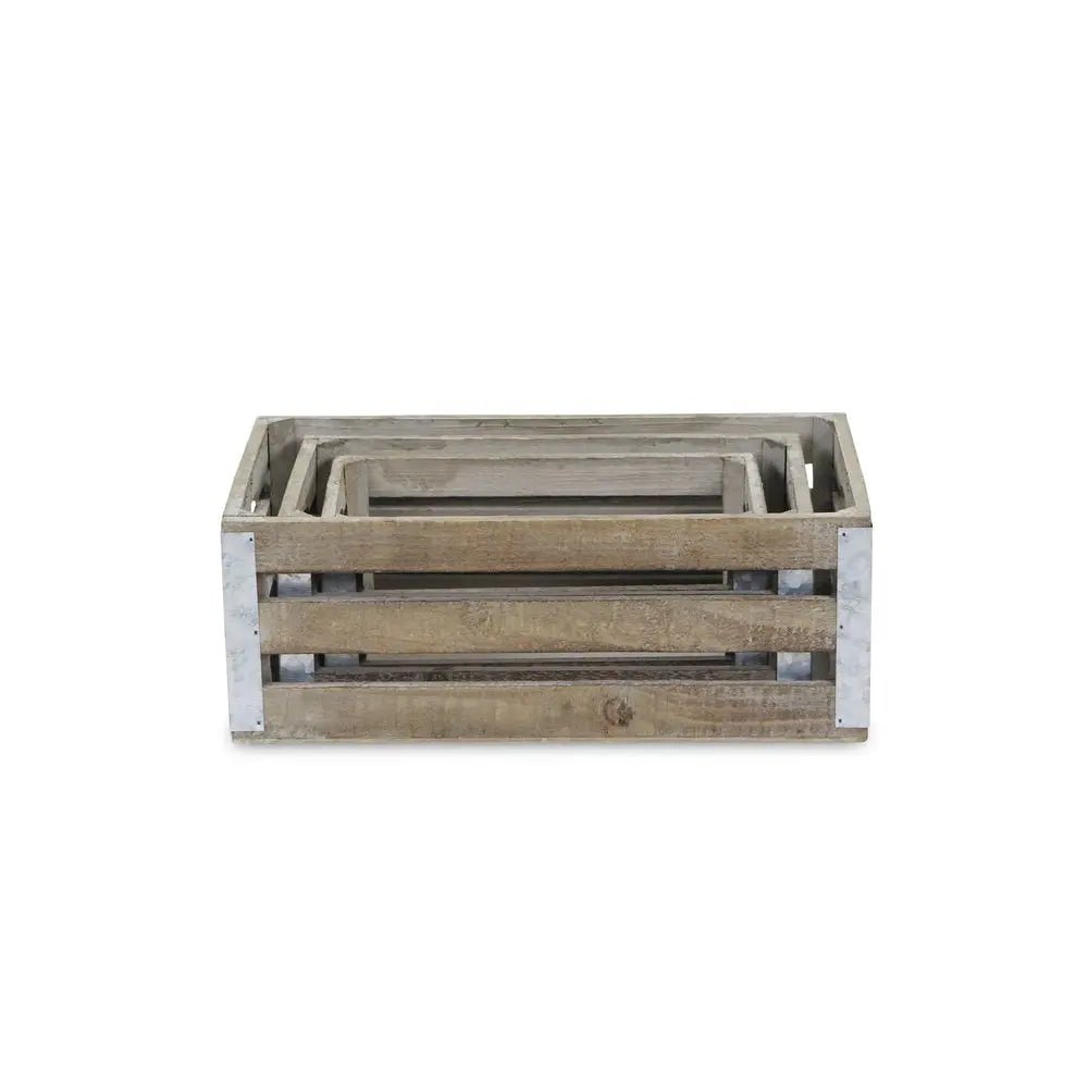 Set of Three Natural Solid Wood And Metal Crate - NOBLE HOME INTERIORS