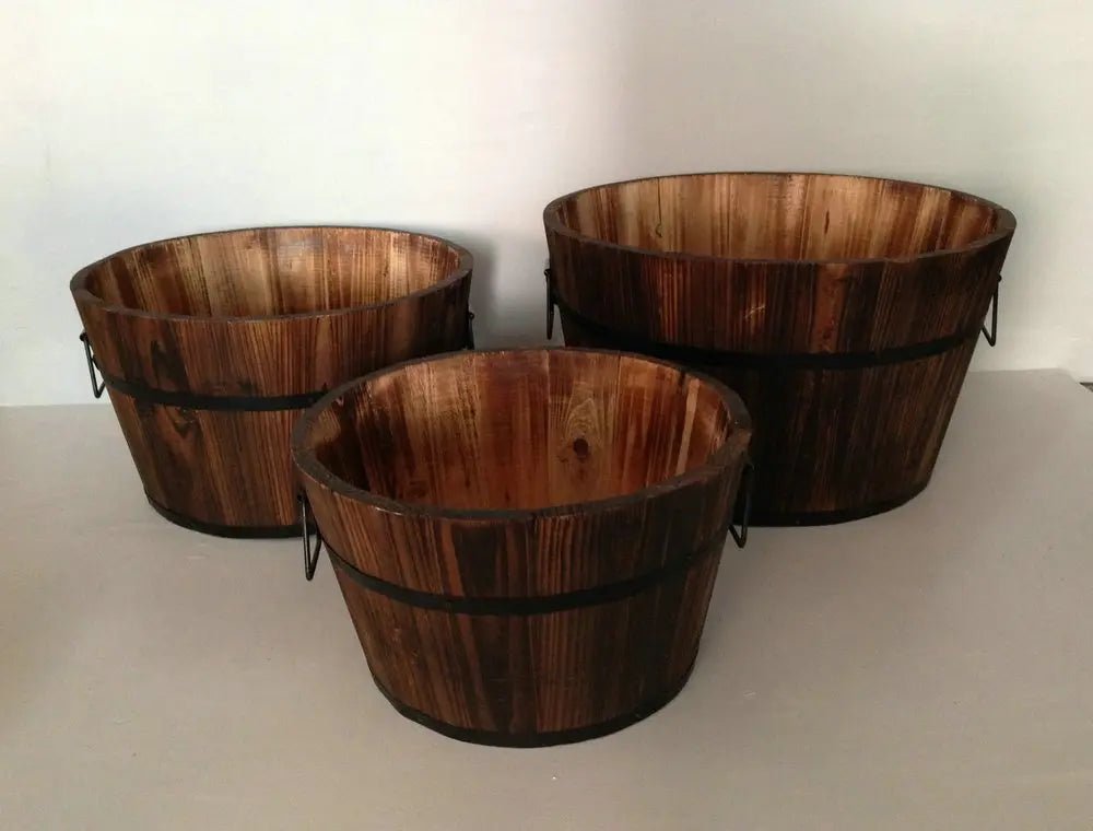 Set of Three Natural Wood Indoor Outdoor Round Pot Planters - NOBLE HOME INTERIORS