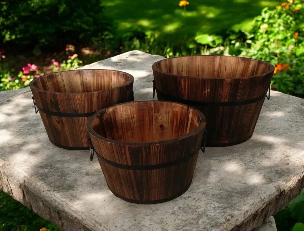 Set of Three Natural Wood Indoor Outdoor Round Pot Planters - NOBLE HOME INTERIORS