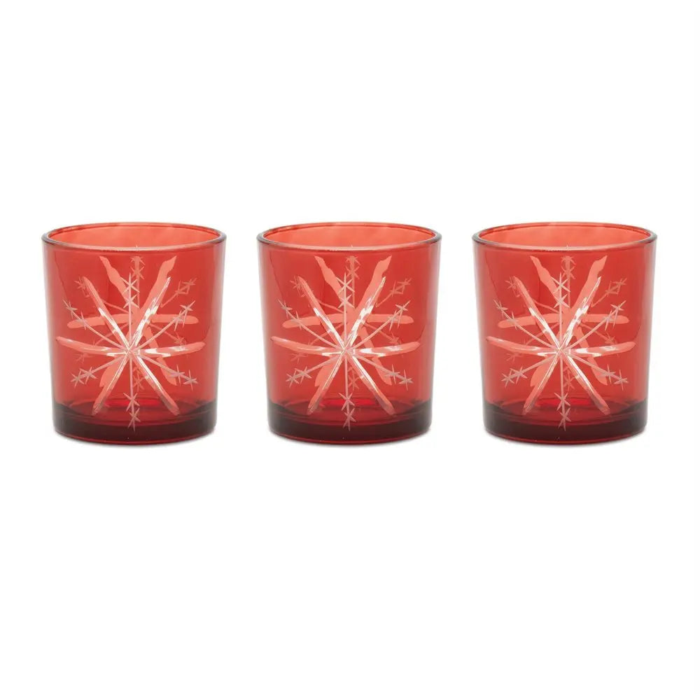 Set of Three Red Abstract Glass Tabletop Votive Candle Holders - NOBLE HOME INTERIORS