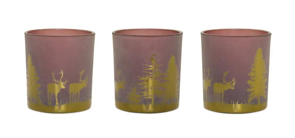 Set of Three Red And Gold Distressed Abstract Glass Tabletop Votive Candle Holders - NOVA HOME FURNITURE