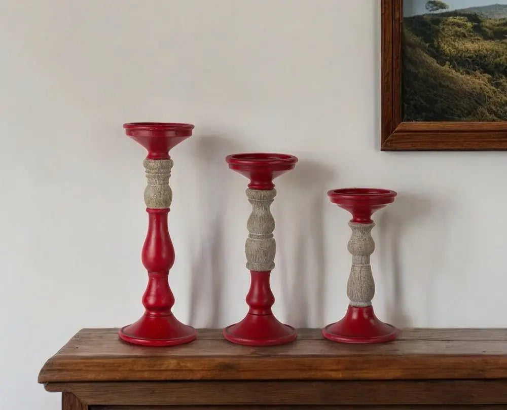 Set of Three Red And Natural Ornate Resin Tabletop Pillar Candle Holders - NOBLE HOME INTERIORS