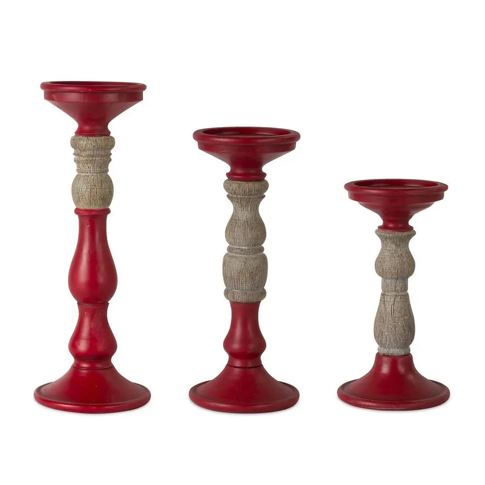 Set of Three Red And Natural Ornate Resin Tabletop Pillar Candle Holders - NOBLE HOME INTERIORS
