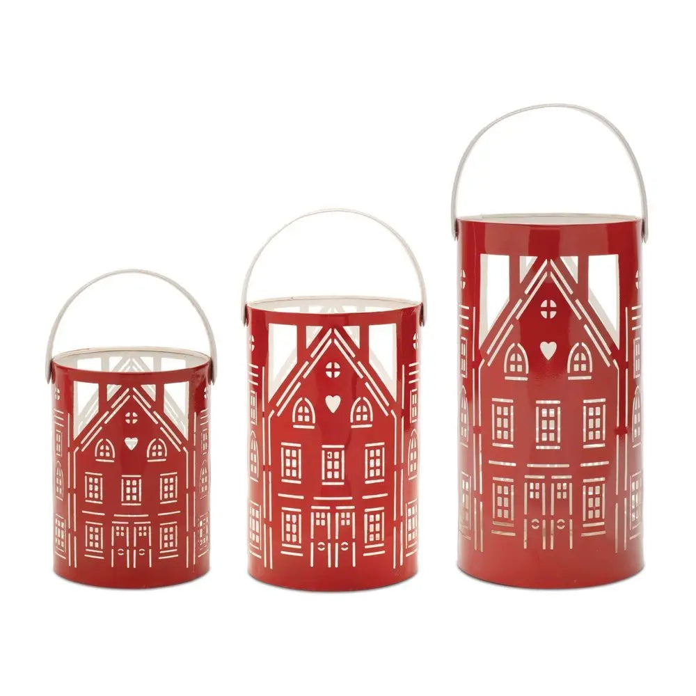 Set of Three Red And White Abstract Iron Tabletop Pillar Candle Holders - NOVA HOME FURNITURE