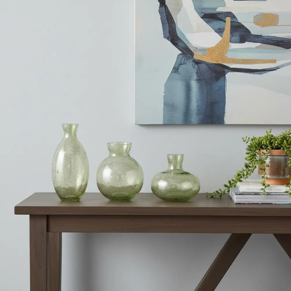 Set of Three Sage Green Seeded Bubble Glass Table Vases - NOBLE HOME INTERIORS