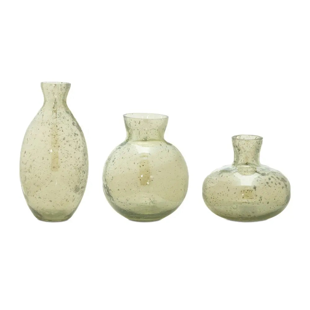 Set of Three Sage Green Seeded Bubble Glass Table Vases - NOBLE HOME INTERIORS