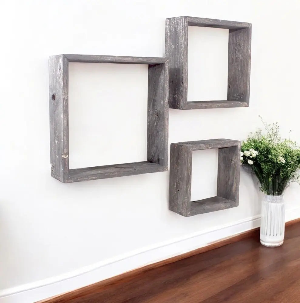 Set of Three Smoky Black Wood Square Hanging Dimensional Sculpture - NOBLE HOME INTERIORS