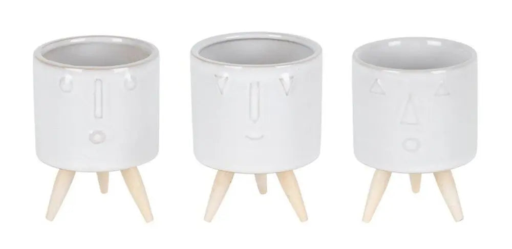 Set of Three White Porcelain 1 Ounce Round Funny Face Pot Planters With Stands - NOBLE HOME INTERIORS
