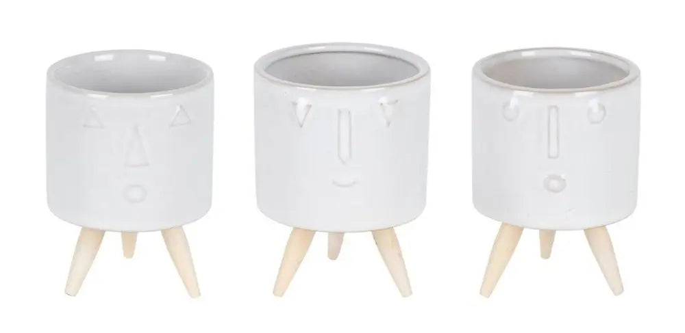Set of Three White Porcelain 1 Ounce Round Funny Face Pot Planters With Stands - NOBLE HOME INTERIORS