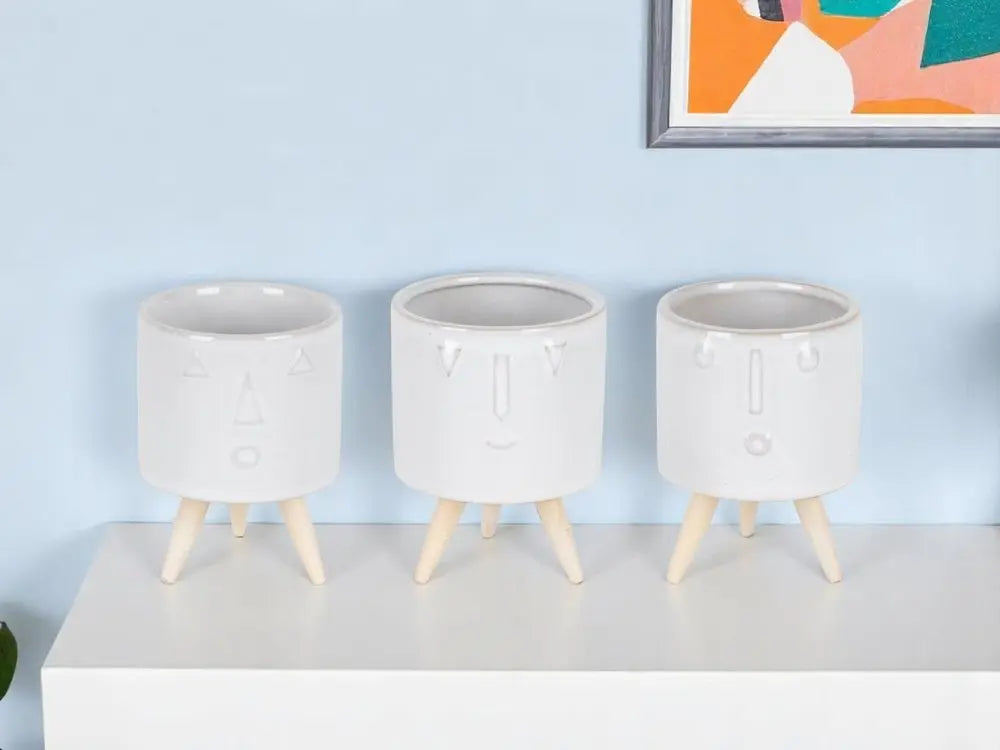Set of Three White Porcelain 1 Ounce Round Funny Face Pot Planters With Stands - NOBLE HOME INTERIORS