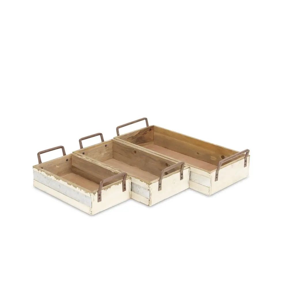Set of Three White Solid Wood And Metal Crate - NOBLE HOME INTERIORS