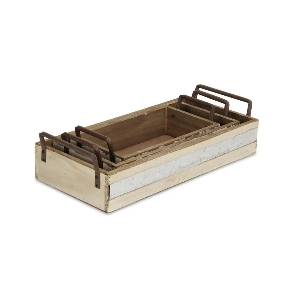 Set of Three White Solid Wood And Metal Crate - NOBLE HOME INTERIORS
