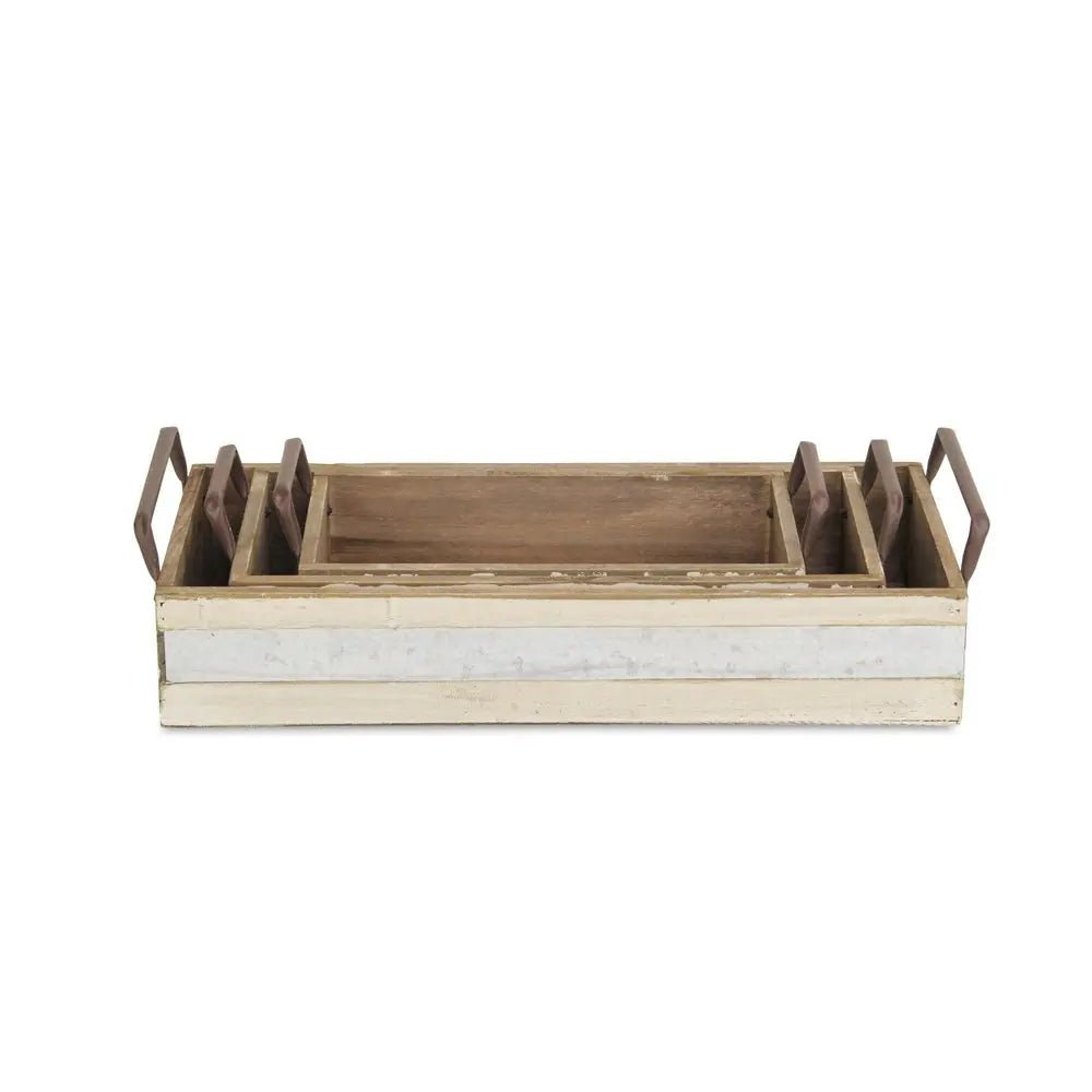 Set of Three White Solid Wood And Metal Crate - NOBLE HOME INTERIORS