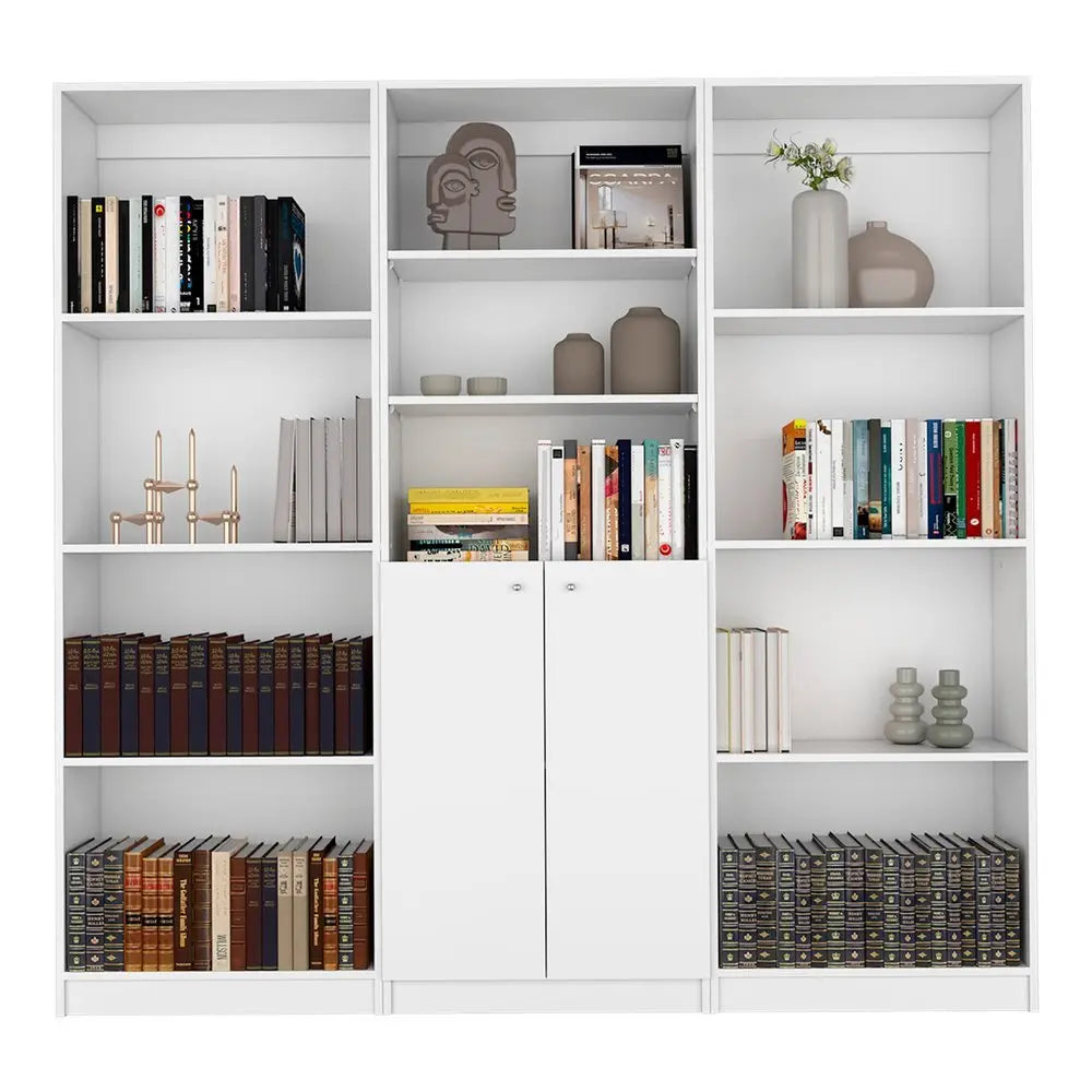 Set of Three White Wood Eleven Tier Modular Bookcase with Two Doors - NOBLE HOME INTERIORS