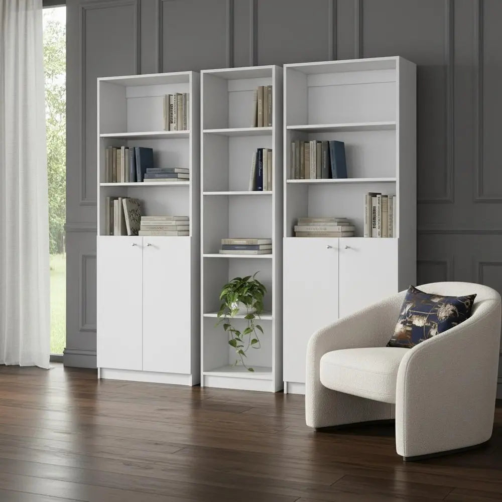 Set of Three White Wood Five Tier Modular Bookcase with Four Doors - NOBLE HOME INTERIORS