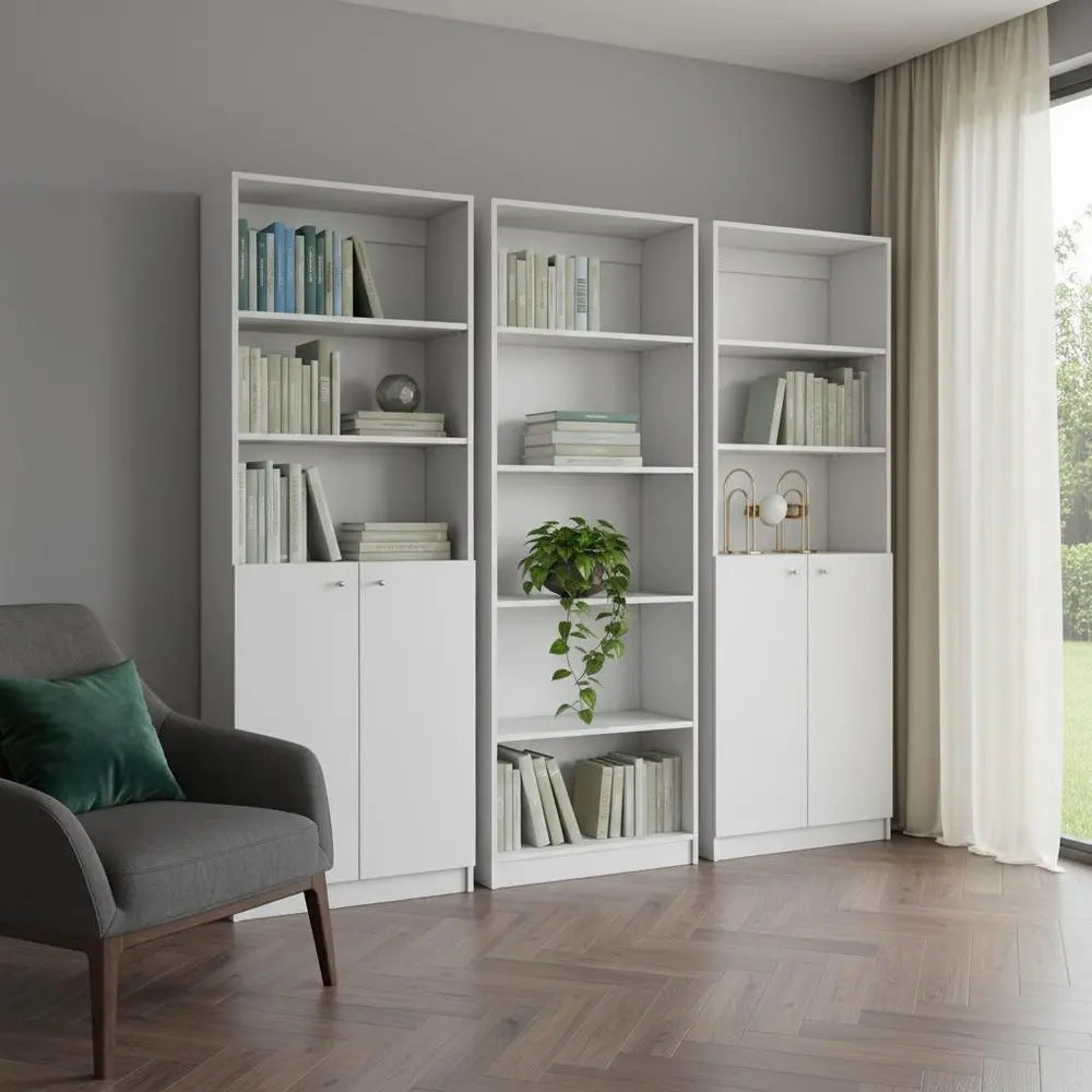 Set of Three White Wood Five Tier Modular Bookcase with Four Doors - NOBLE HOME INTERIORS