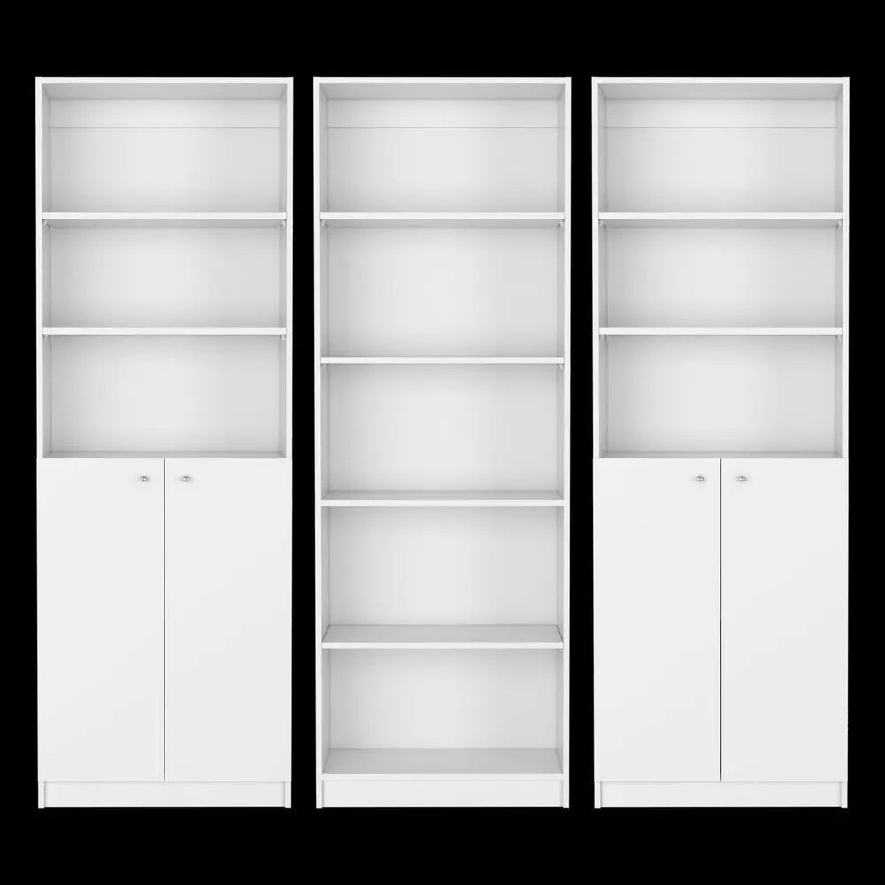 Set of Three White Wood Five Tier Modular Bookcase with Four Doors - NOBLE HOME INTERIORS