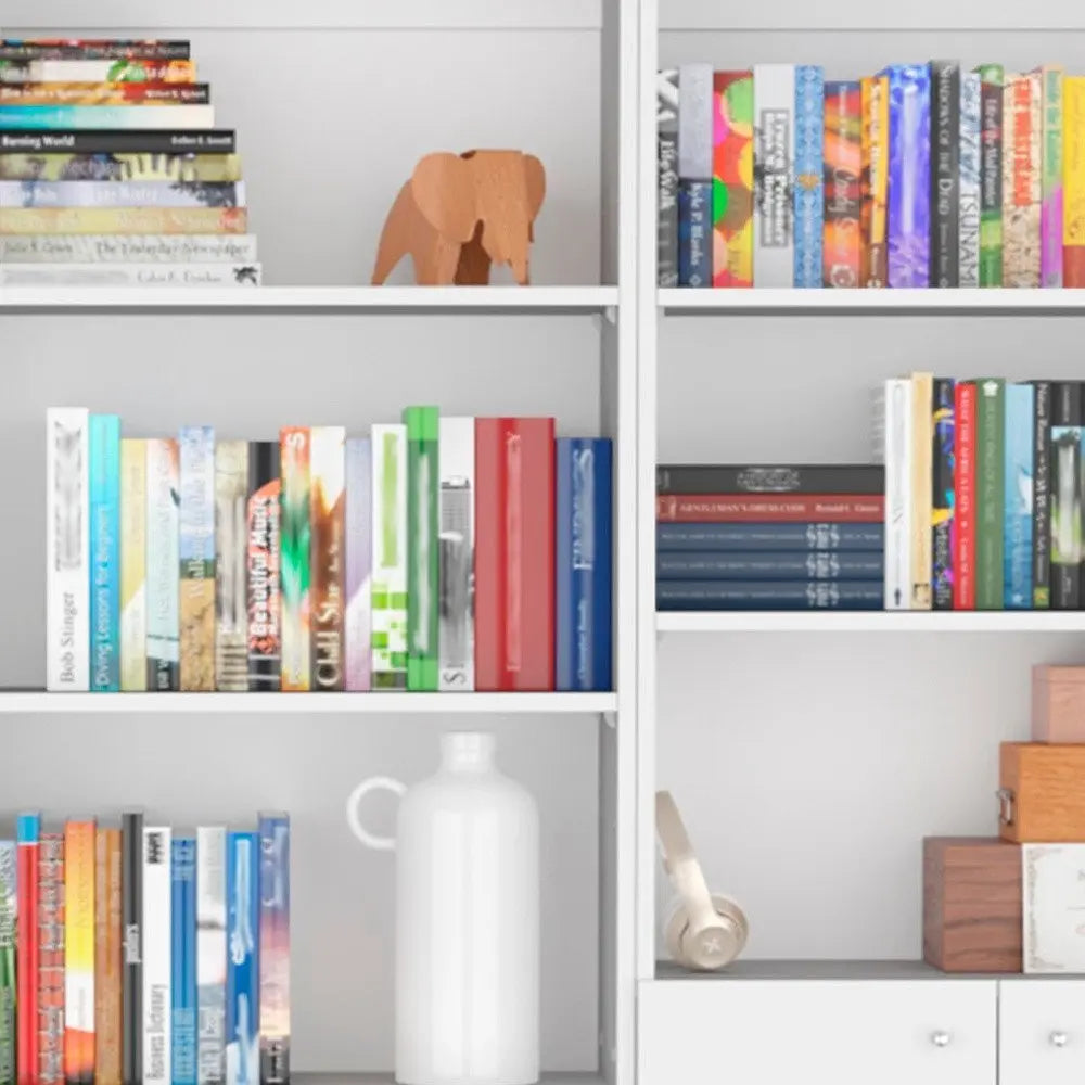 Set of Three White Wood Five Tier Modular Bookcase with Four Doors - NOBLE HOME INTERIORS