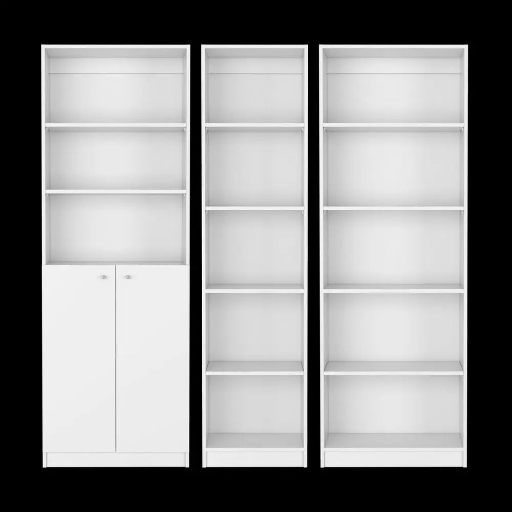 Set of Three White Wood Five Tier Modular Bookcase with Two Doors - NOBLE HOME INTERIORS