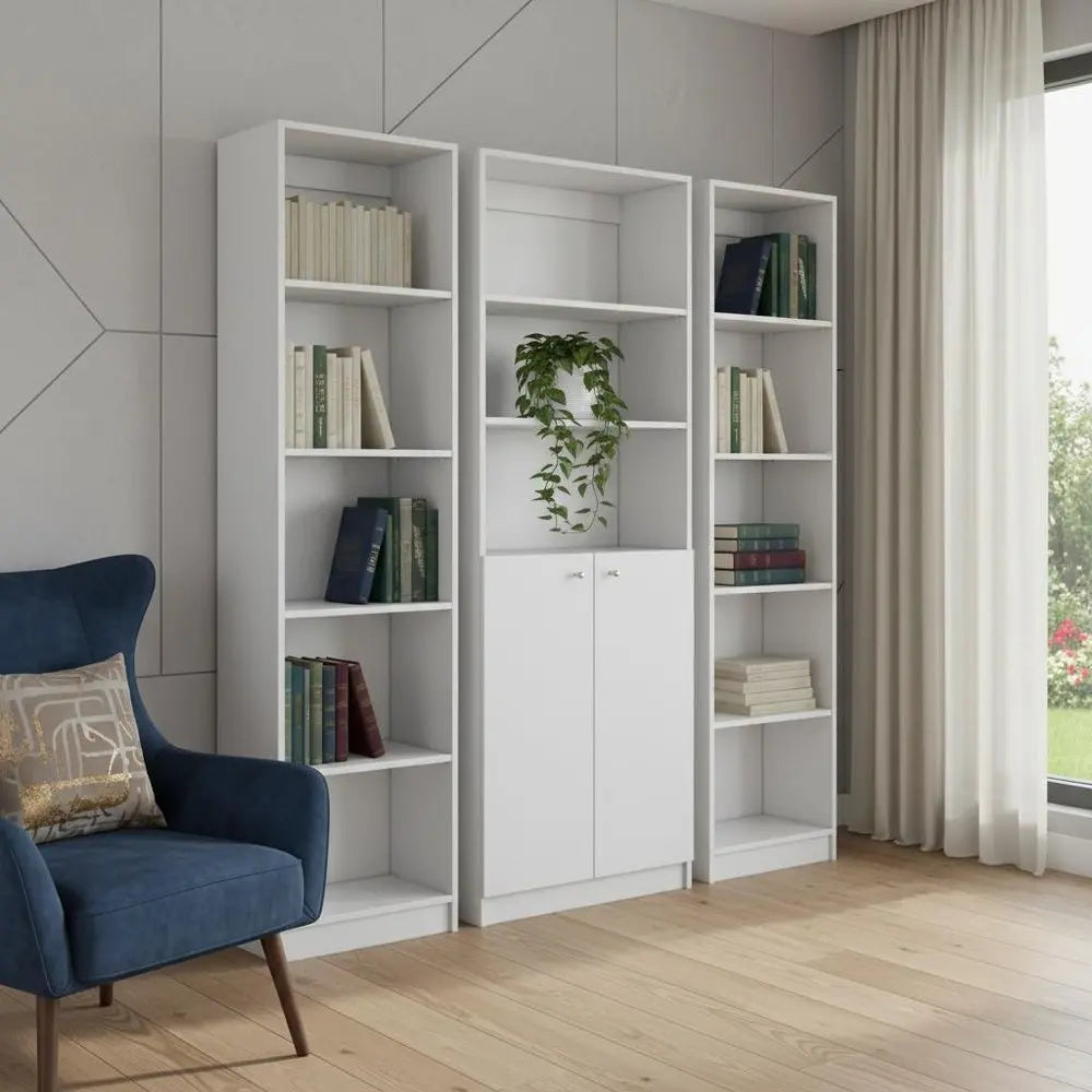 Set of Three White Wood Five Tier Modular Bookcase with Two Doors - NOBLE HOME INTERIORS