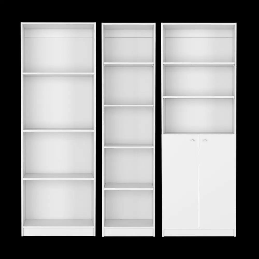 Set of Three White Wood Twelve Tier Modular Bookcase with Two Doors - NOBLE HOME INTERIORS
