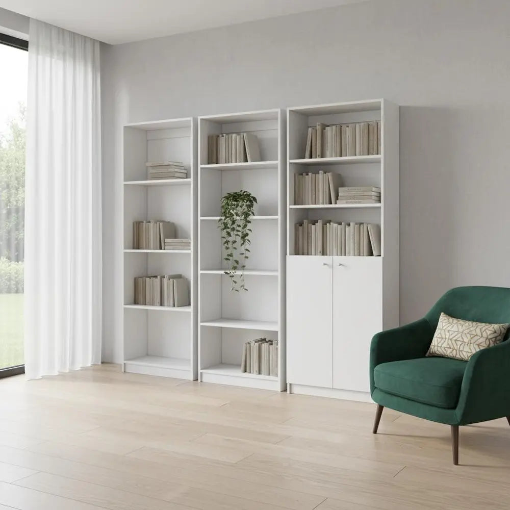 Set of Three White Wood Twelve Tier Modular Bookcase with Two Doors - NOBLE HOME INTERIORS