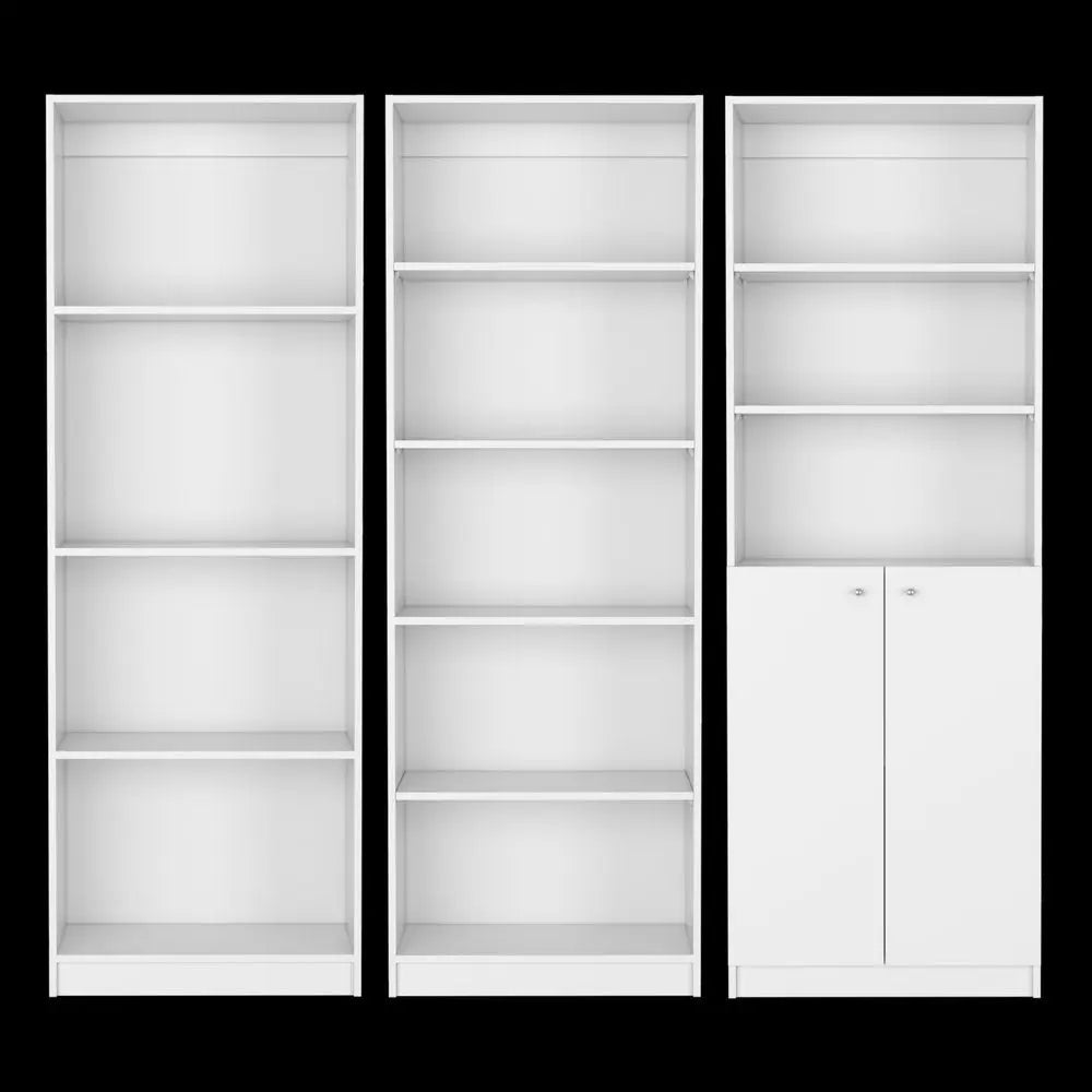Set of Three White Wood Twelve Tier Modular Bookcase with Two Doors - NOBLE HOME INTERIORS
