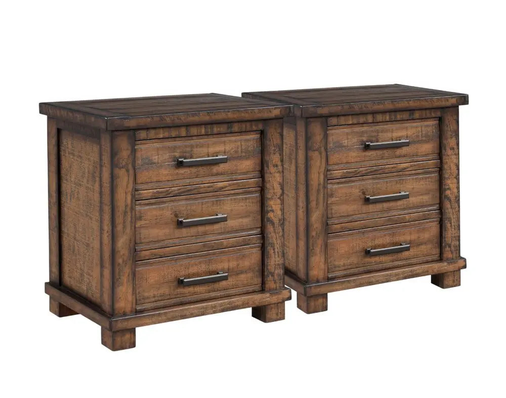 Set of Two 26" Walnut Solid Wood Distressed Three Drawer Nightstand - NOBLE HOME INTERIORS