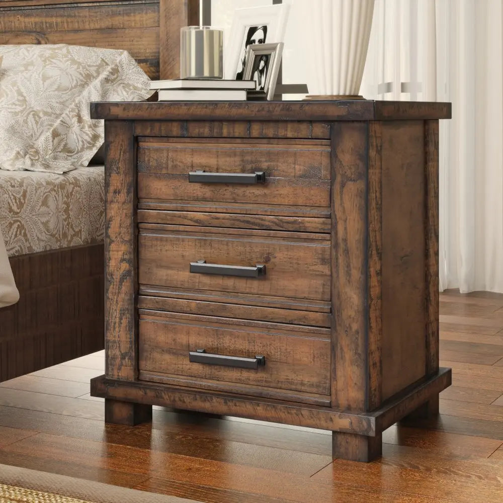 Set of Two 26" Walnut Solid Wood Distressed Three Drawer Nightstand - NOBLE HOME INTERIORS