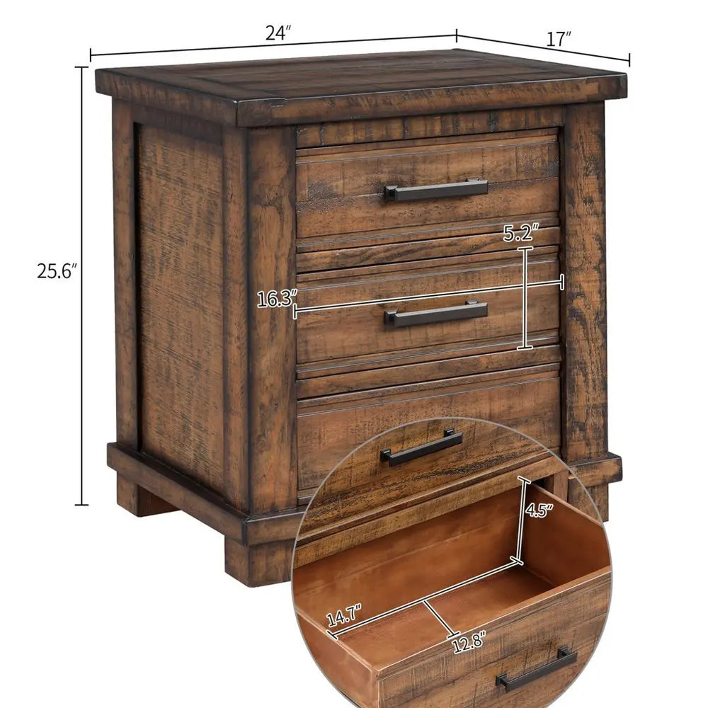 Set of Two 26" Walnut Solid Wood Distressed Three Drawer Nightstand - NOBLE HOME INTERIORS