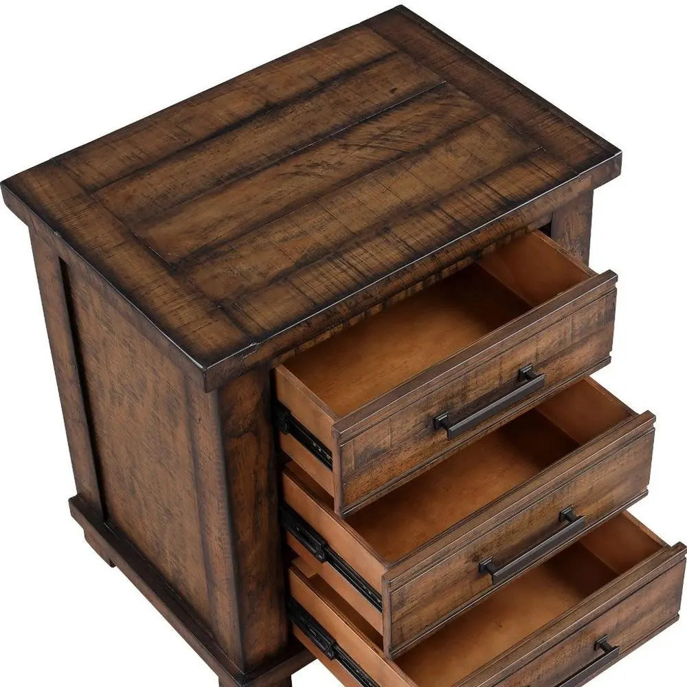 Set of Two 26" Walnut Solid Wood Distressed Three Drawer Nightstand - NOBLE HOME INTERIORS