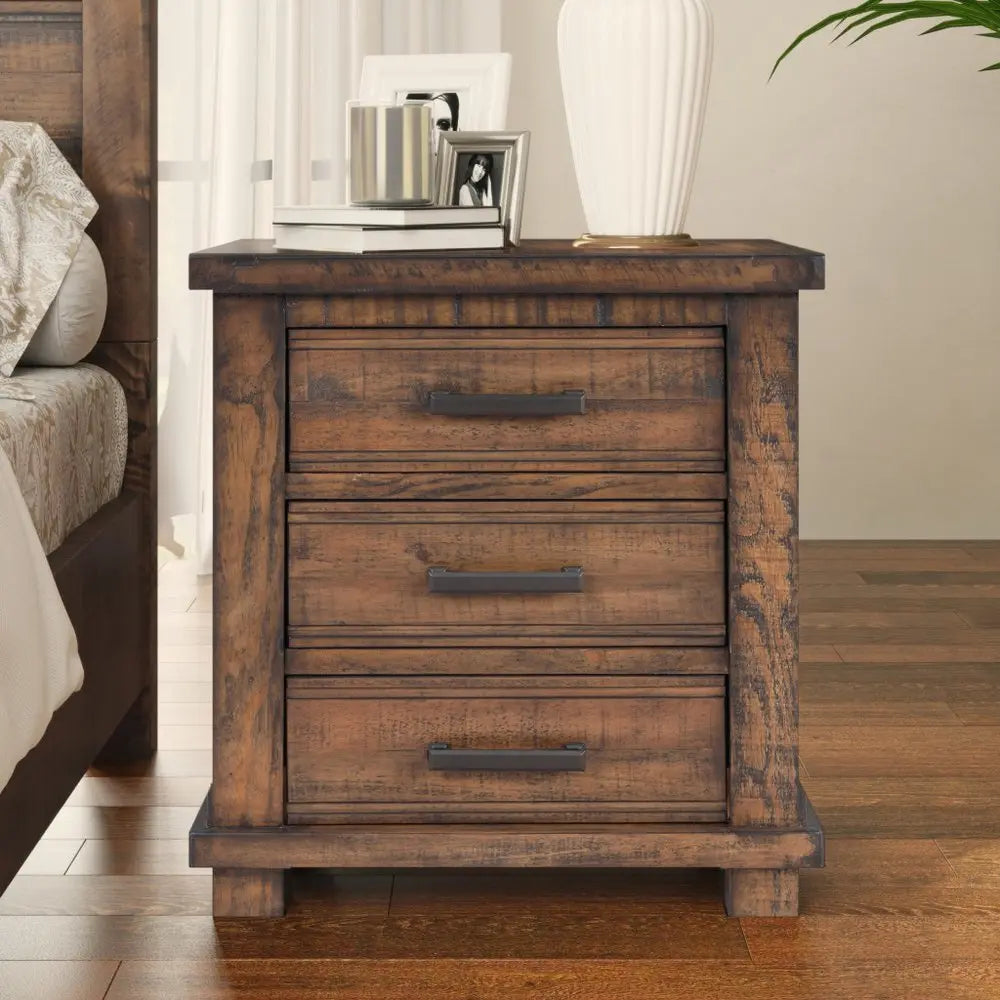 Set of Two 26" Walnut Solid Wood Distressed Three Drawer Nightstand - NOBLE HOME INTERIORS