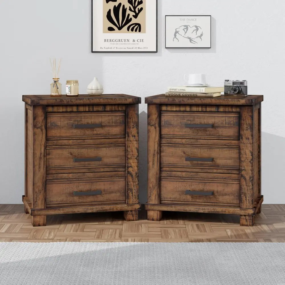Set of Two 26" Walnut Solid Wood Distressed Three Drawer Nightstand - NOBLE HOME INTERIORS