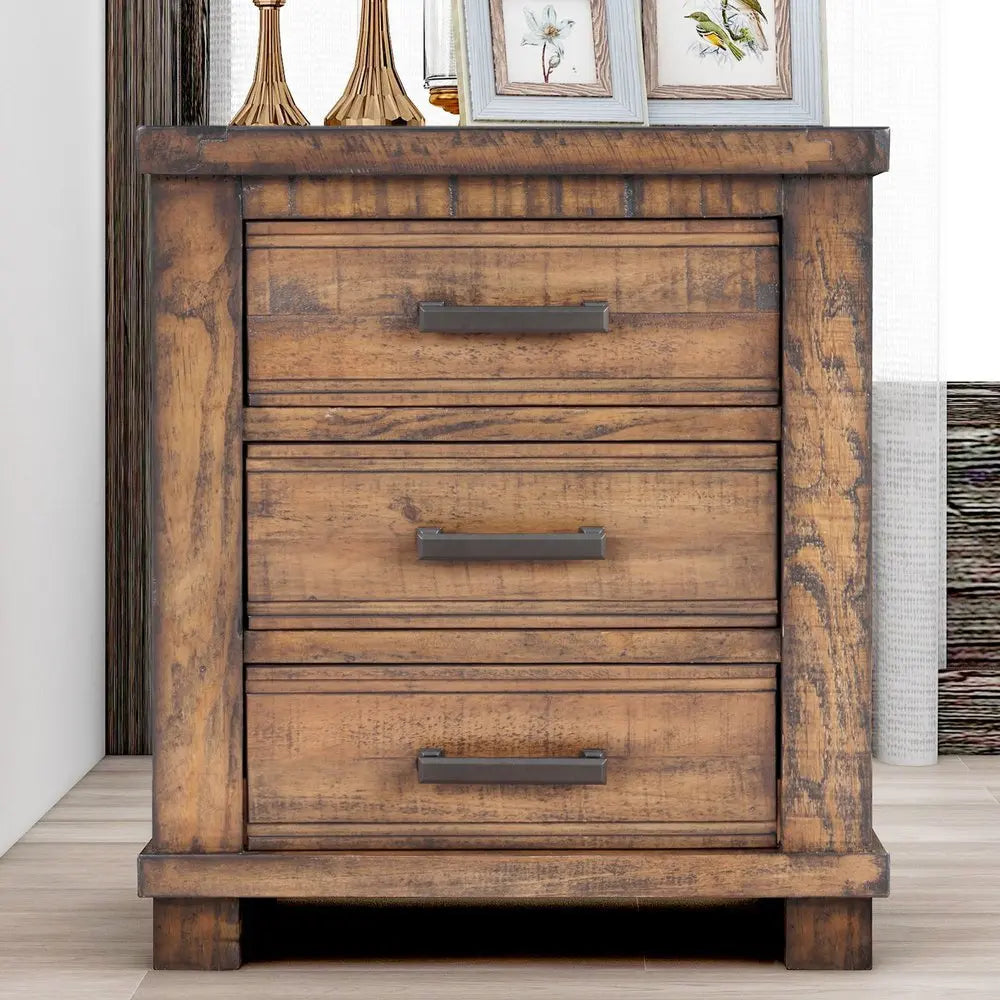 Set of Two 26" Walnut Solid Wood Distressed Three Drawer Nightstand - NOBLE HOME INTERIORS