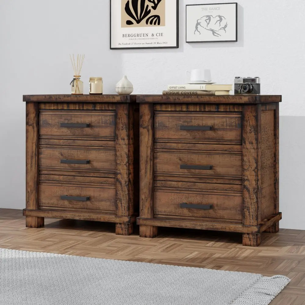 Set of Two 26" Walnut Solid Wood Distressed Three Drawer Nightstand - NOBLE HOME INTERIORS
