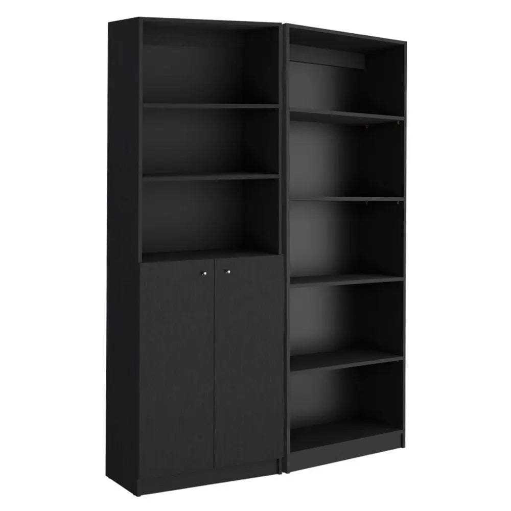 Set of Two 71" Black Five Tier Bookcase With Two Doors HomeRoots