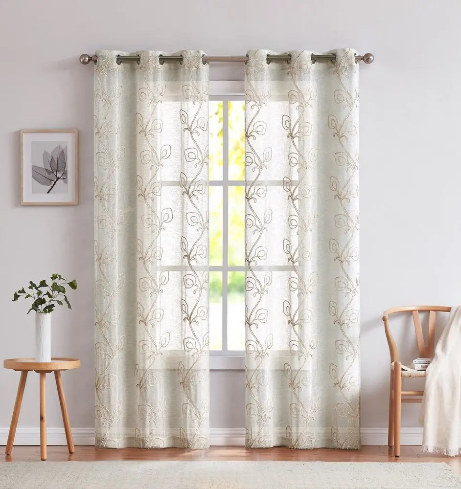 Set of Two 84" Beige Boho Embroidered Window Panels - NOBLE HOME INTERIORS