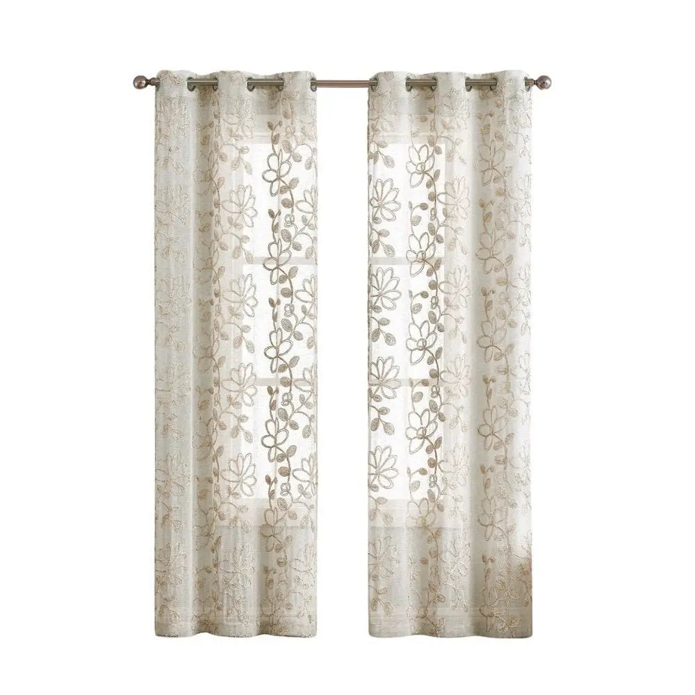 Set of Two 84" Tan Floral Embroidered Window Panels - NOBLE HOME INTERIORS