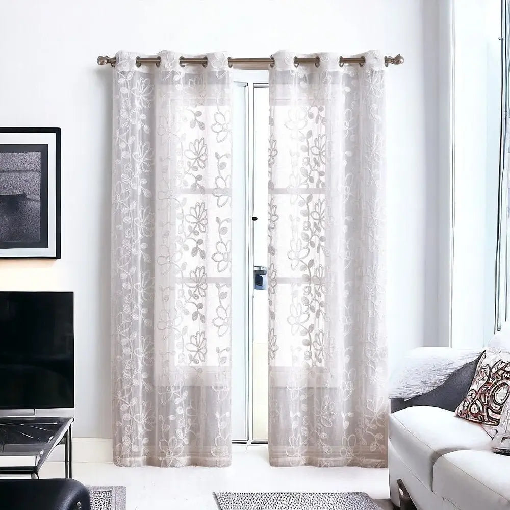Set of Two 84" White Floral Embroidered Window Panels - NOBLE HOME INTERIORS