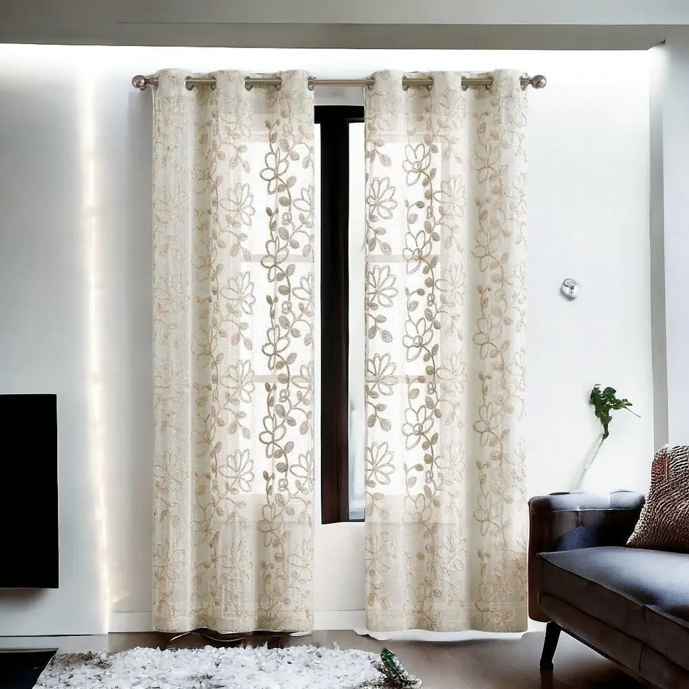 Set of Two 96" Tan Floral Embroidered Window Panels - NOBLE HOME INTERIORS