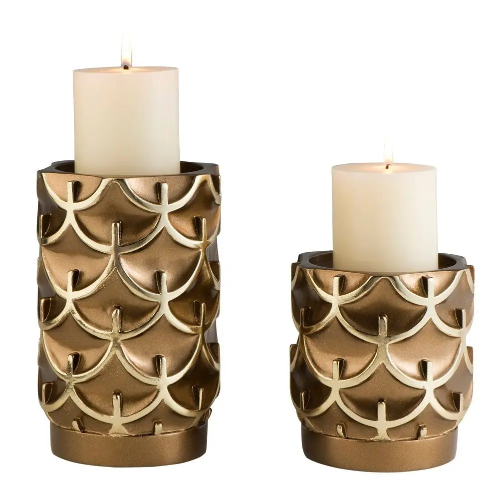 Set Of Two Antiqued Brass Tabletop Pillar Candle Holders - NOBLE HOME INTERIORS