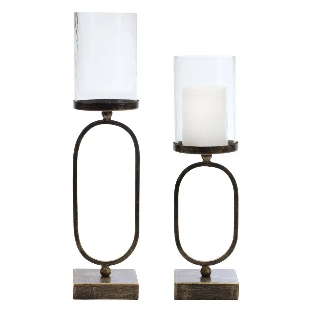 Set of Two Antiqued Bronze Geometric Glass And Metal Tabletop Hurricane Candle Holders - NOBLE HOME INTERIORS