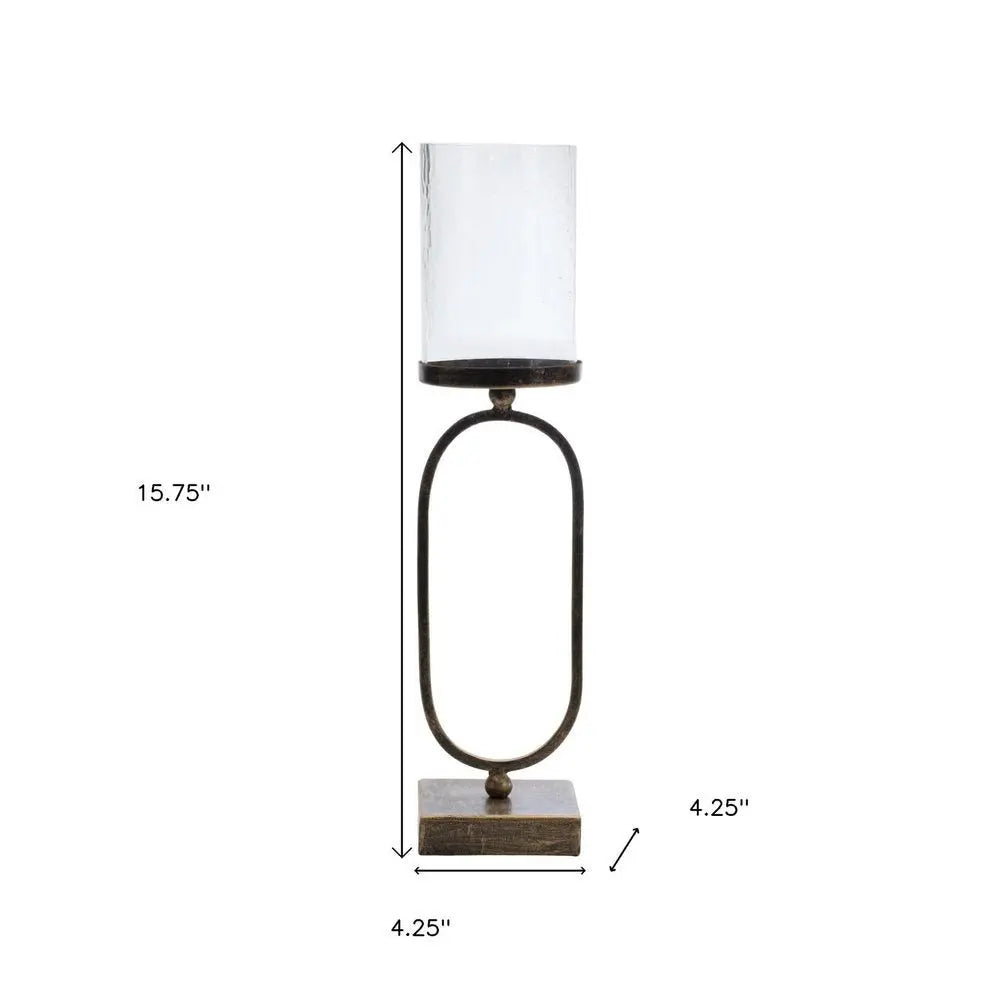 Set of Two Antiqued Bronze Geometric Glass And Metal Tabletop Hurricane Candle Holders - NOBLE HOME INTERIORS