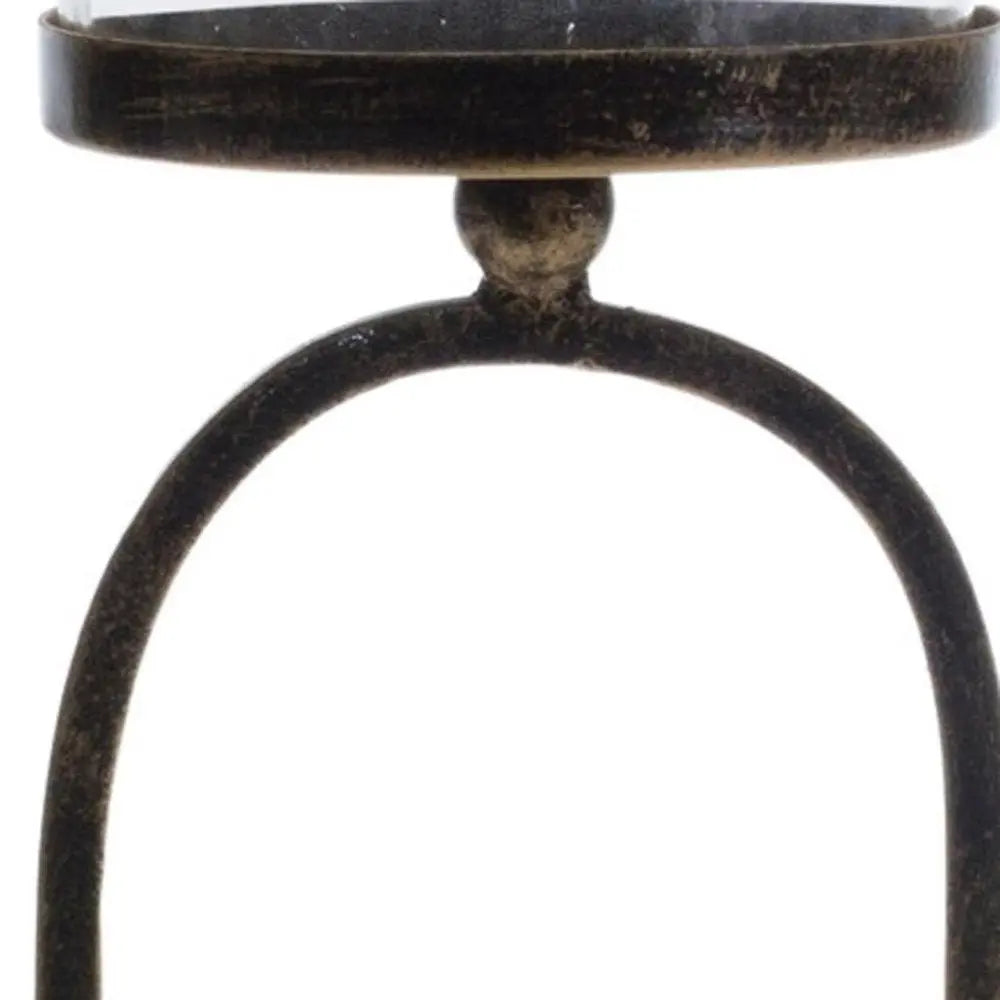 Set of Two Antiqued Bronze Geometric Glass And Metal Tabletop Hurricane Candle Holders - NOBLE HOME INTERIORS