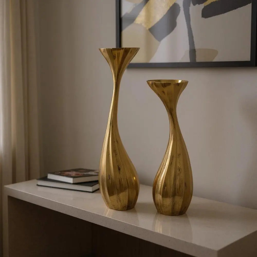 Set of Two Antiqued Gold Aluminum Wavy Faceted Tabletop Pillar Candle Holders - NOVA HOME FURNITURE