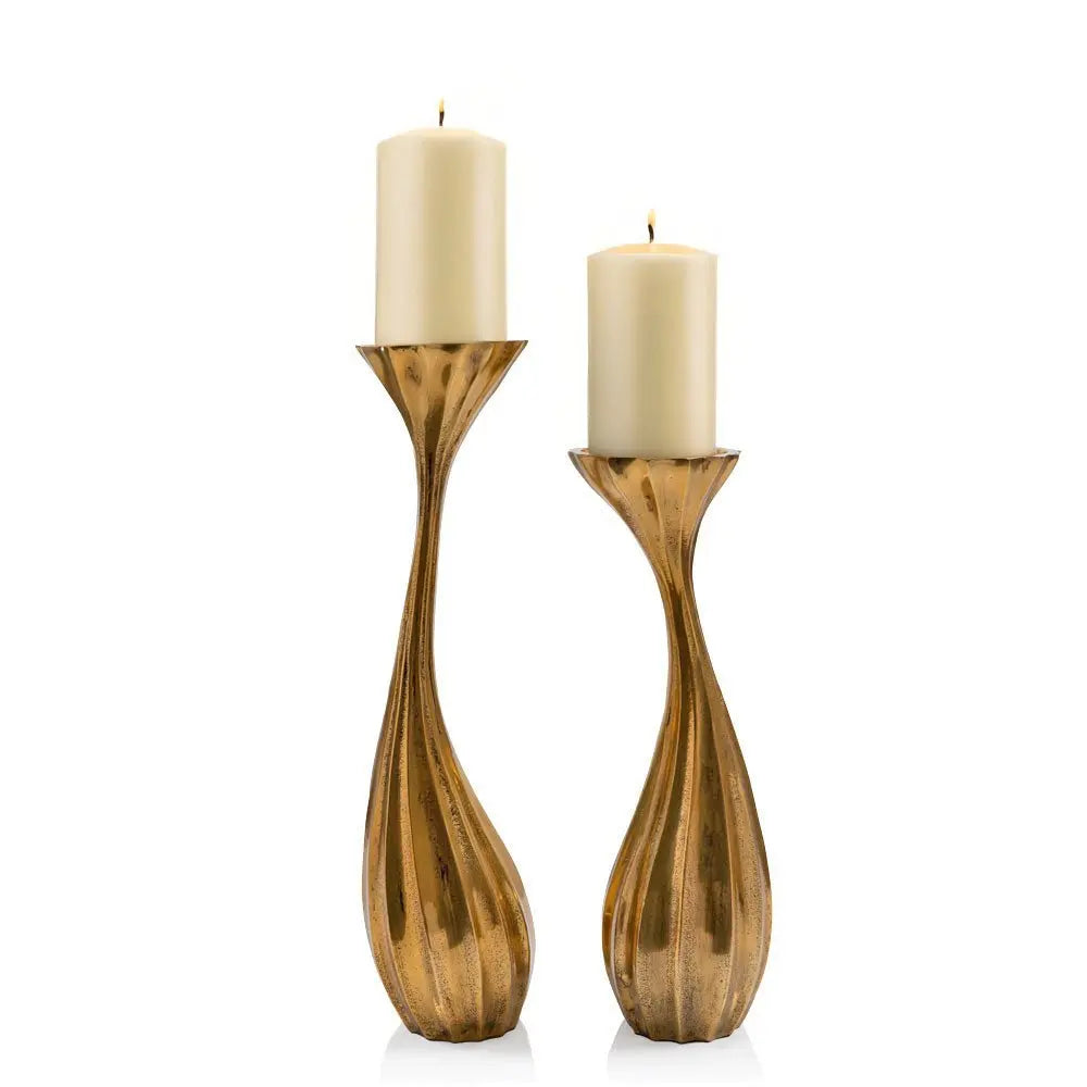 Set of Two Antiqued Gold Aluminum Wavy Faceted Tabletop Pillar Candle Holders - NOVA HOME FURNITURE