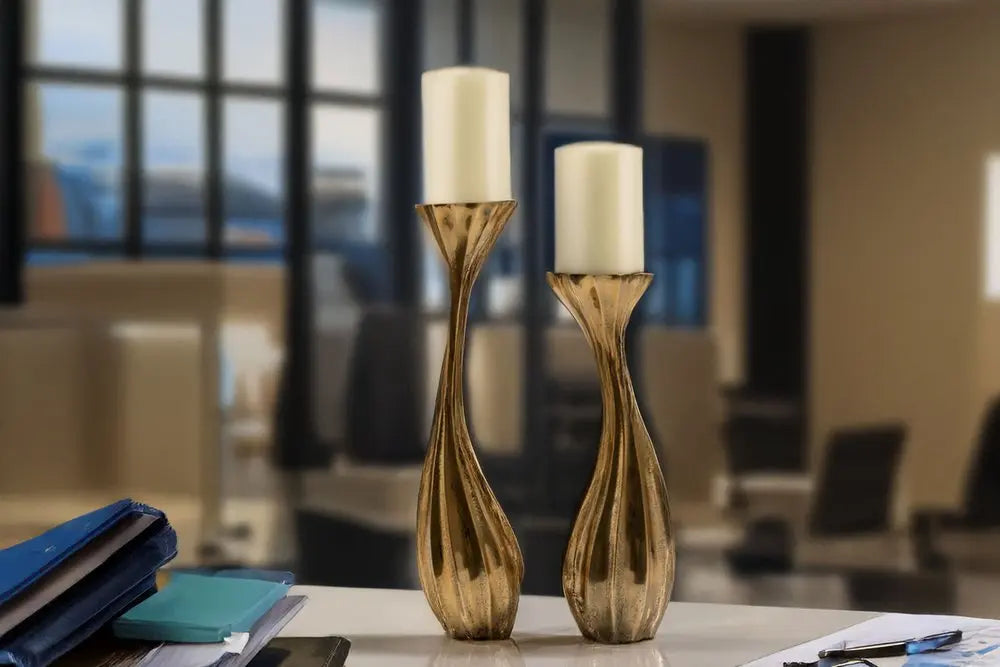 Set of Two Antiqued Gold Aluminum Wavy Faceted Tabletop Pillar Candle Holders - NOVA HOME FURNITURE