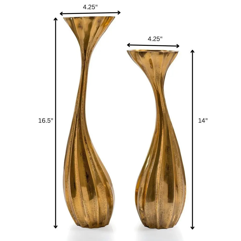 Set of Two Antiqued Gold Aluminum Wavy Faceted Tabletop Pillar Candle Holders - NOVA HOME FURNITURE